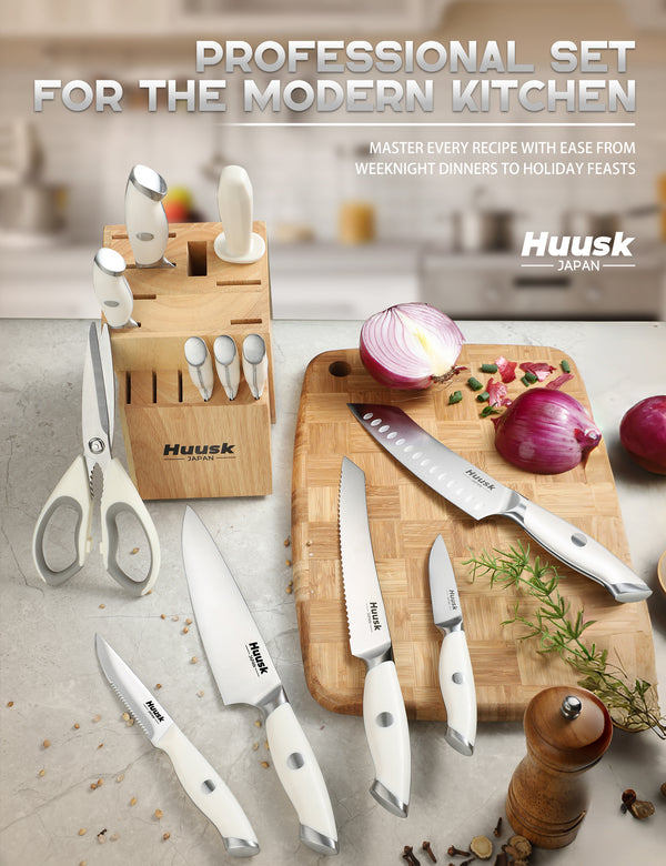 Huusk white kitchen knife set with wooden block arranged for countertop food preparation