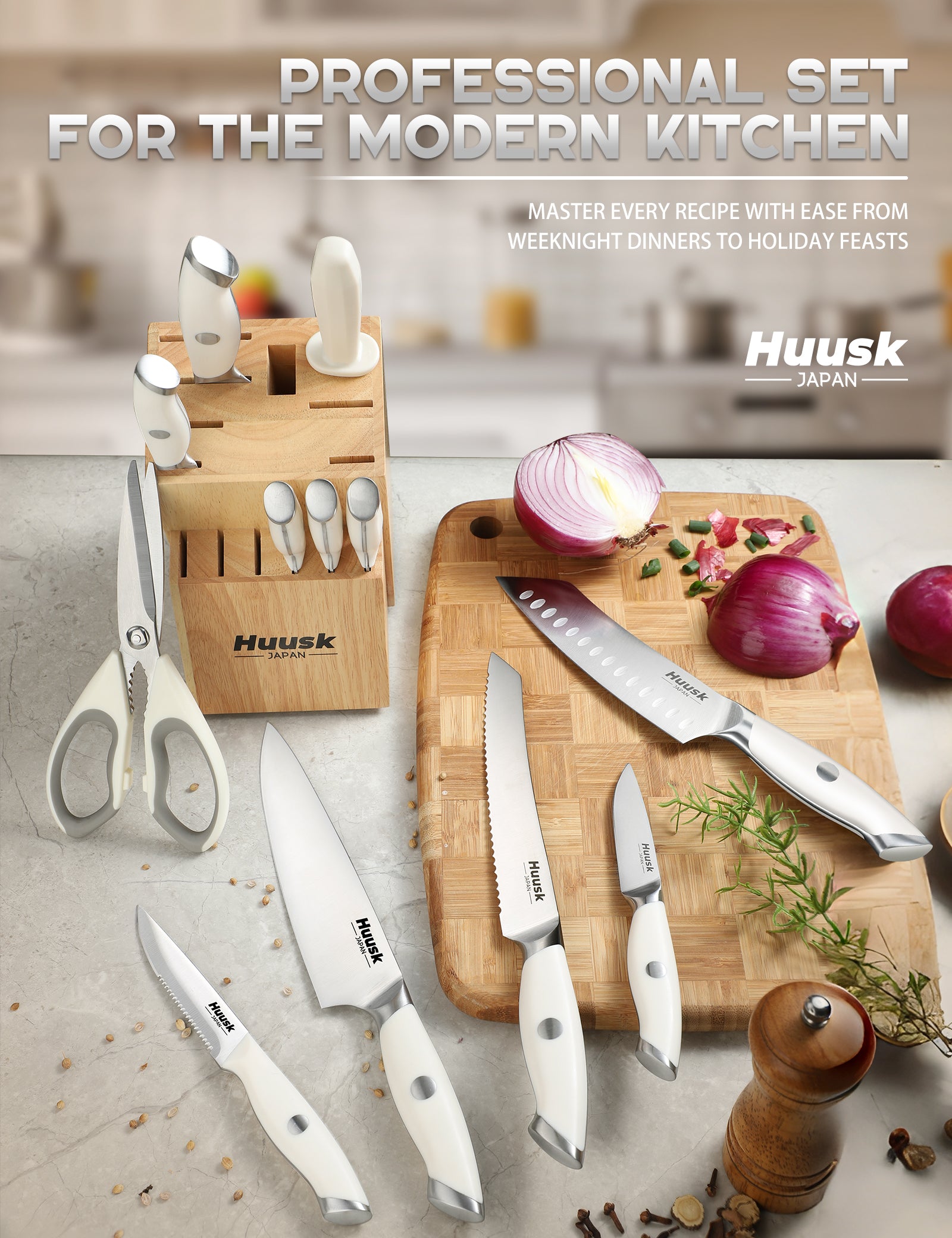 Huusk white kitchen knife set with wooden block arranged for countertop food preparation
