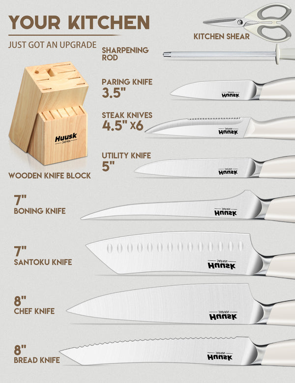 Huusk white-handle kitchen knife block set with knives, shears, sharpening rod, and wooden block
