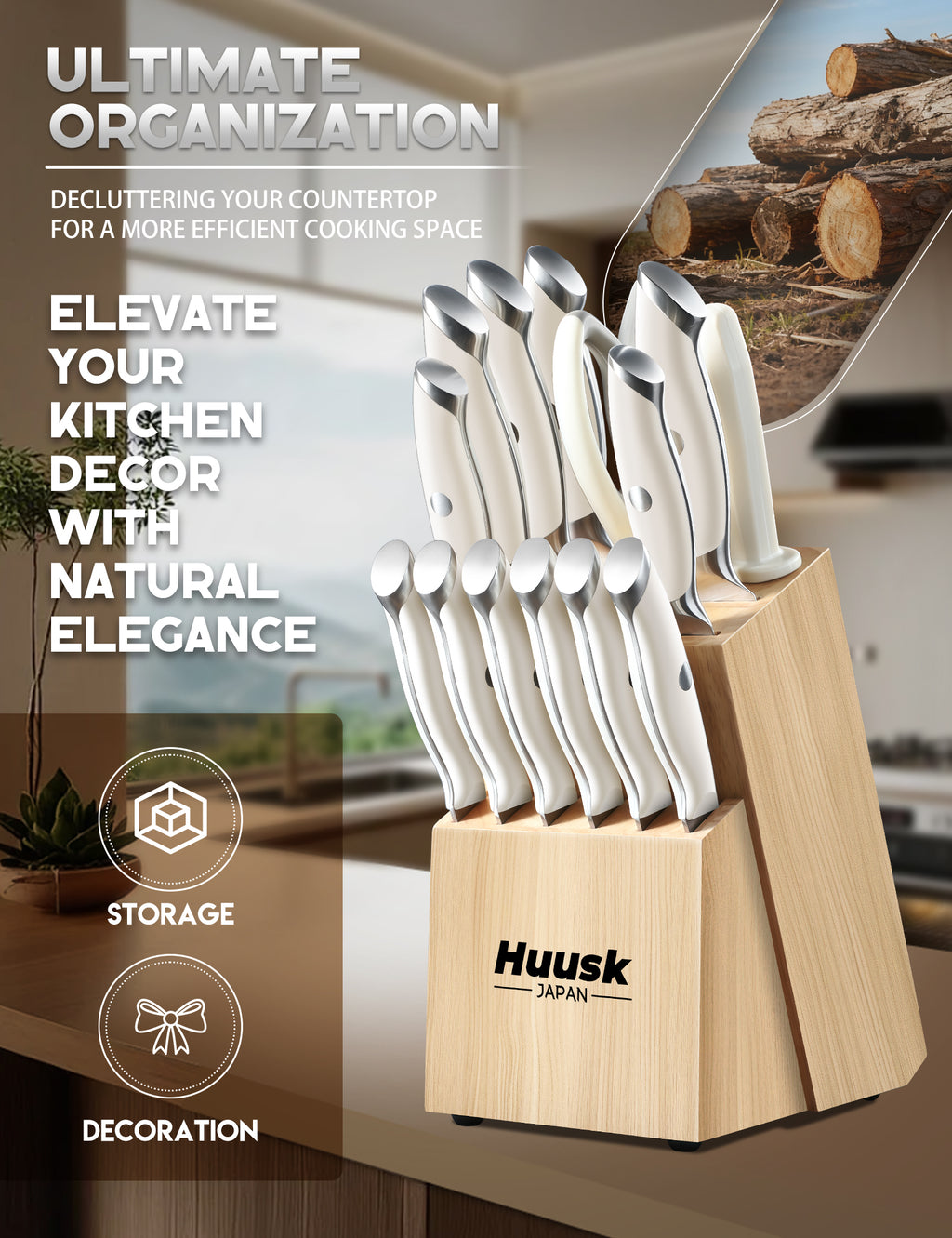 Huusk white-handle knives organized in a wooden countertop knife block