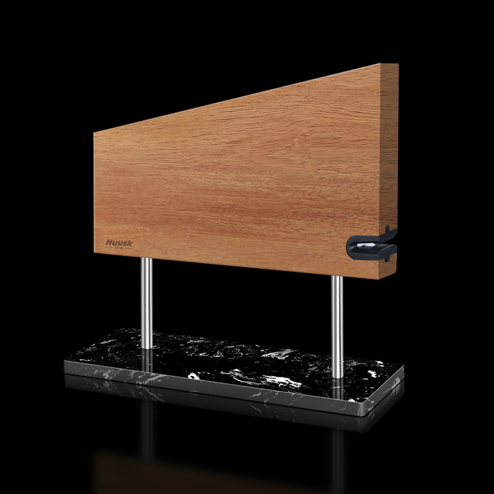Acacia magnetic knife stand with a black marble base and built-in sharpener