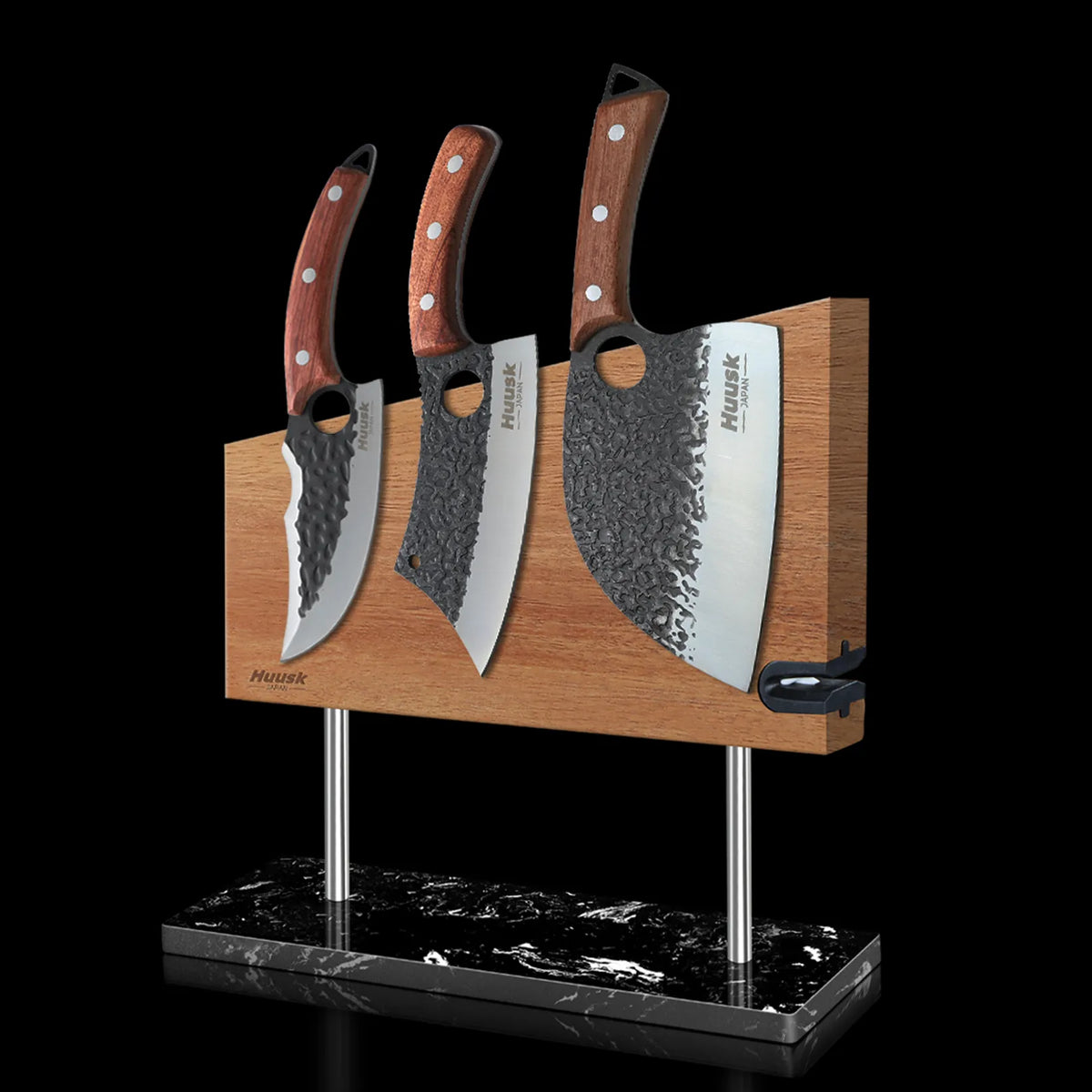 Double-sided acacia magnetic knife stand holding three kitchen knives
