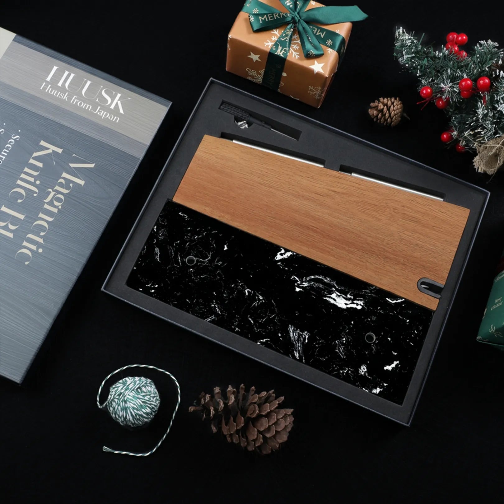 Marble-base magnetic knife stand arranged in its gift box