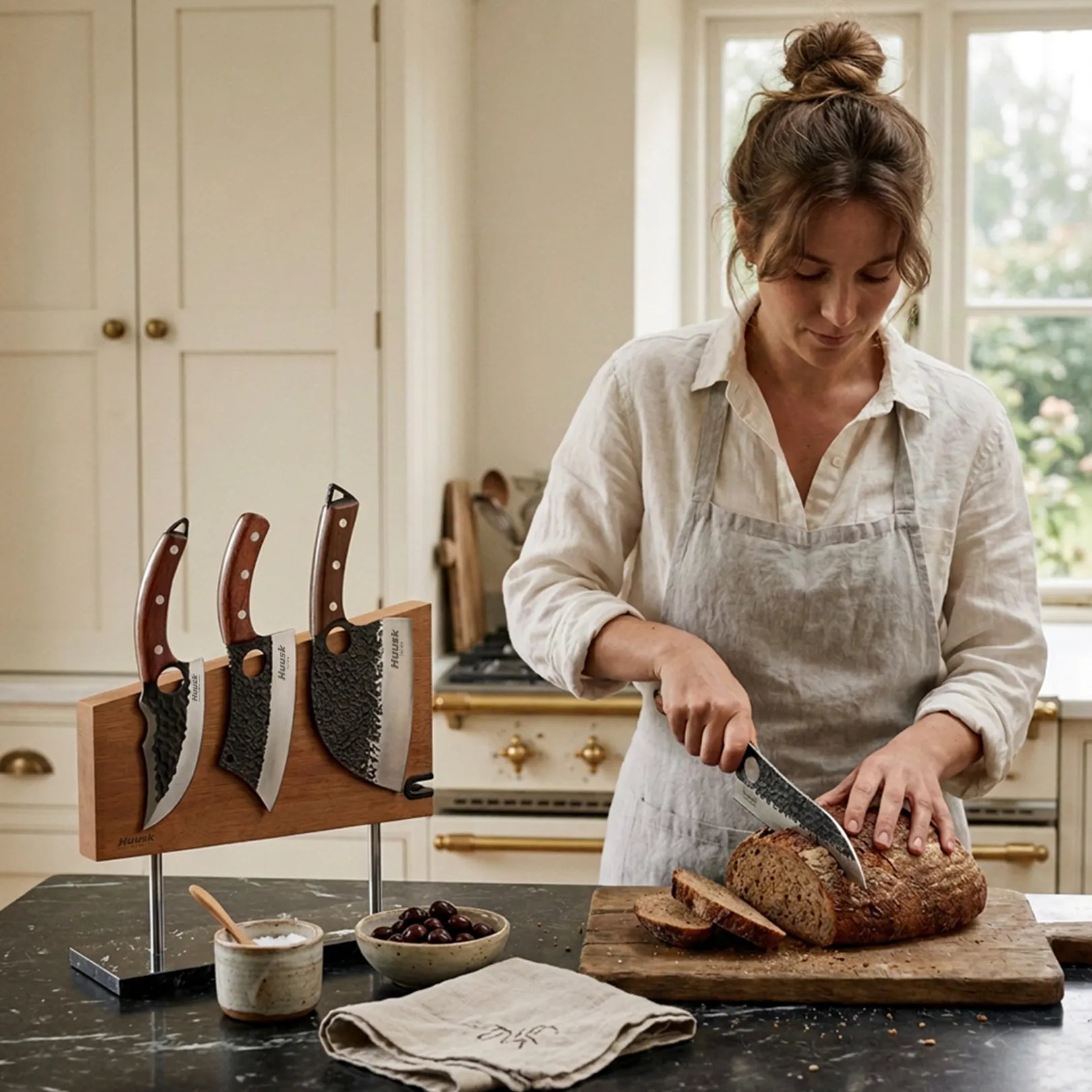 Marble-base magnetic knife stand beside a home cook preparing bread